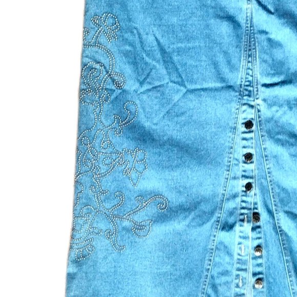 Denim&Co Denim Skirt (Sz 16, 37" L) Button Front Slit ~ Embr. Dot Swirl Design - Picture 4 of 14